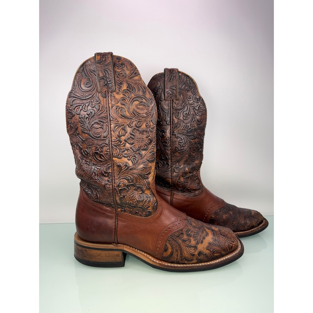Boulet Womens Brown Floral Tooled Leather Square‎ Toe Cowboy Boots 7.5 C Canada